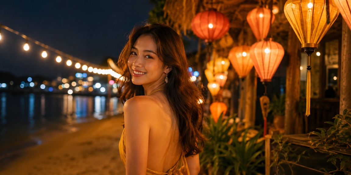Du khách tại chợ đêm Hội An kiểm tra chương trình cashback casino trên điện thoại
